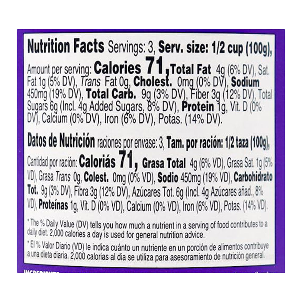 Nutrition facts label with detailed information on calories, nutrients, and serving size.