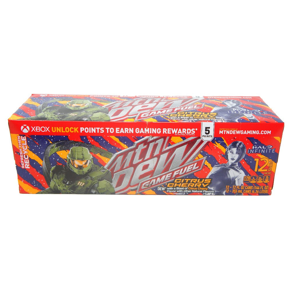 Mountain MTN dew Game Fuel Citrus Cherry, XBox Halo Infinite, 12 oz Cans, (12 Pack)