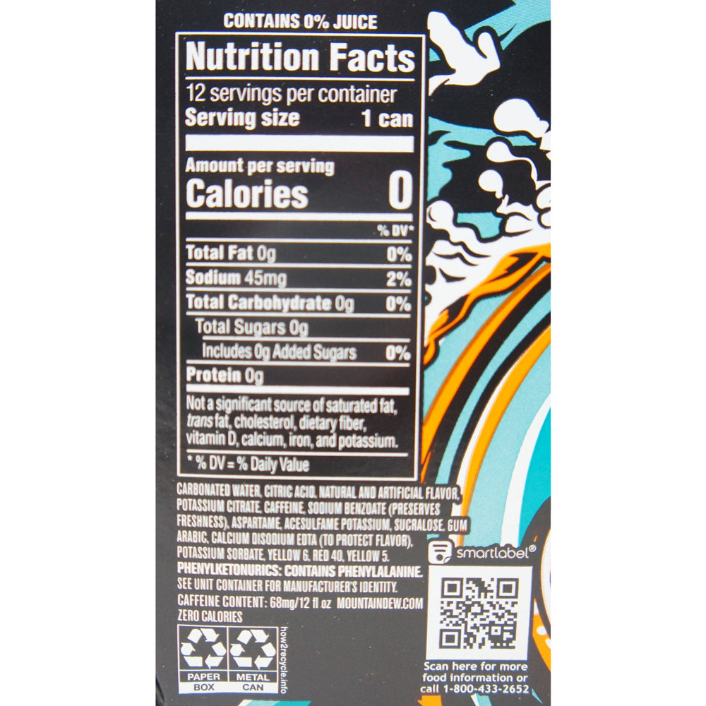 Mountain Dew Baja Cabo Citrus Zero Sugar - Tropical Citrus Punch Soda - 12 FL OZ (12 Pack) Nutrition Facts