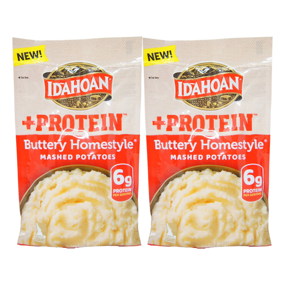 Two packages of Idahoan Buttery Homestyle Mashed Potatoes with Protein