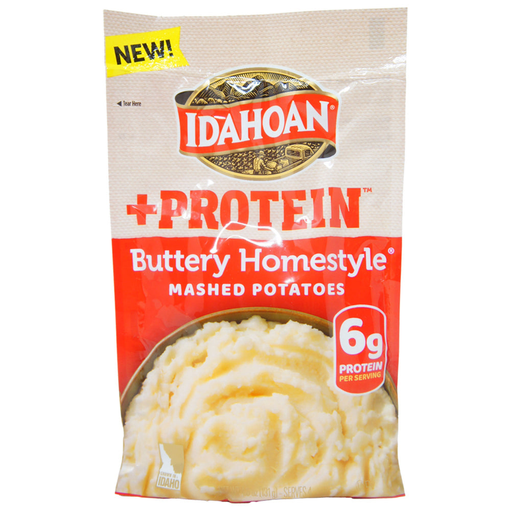 Package of Idahoan Buttery Homestyle Mashed Potatoes with protein enhancement