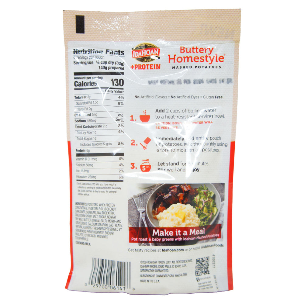 Package of Idahoan Buttery Homestyle Mashed Potatoes with nutritional information and preparation instructions.