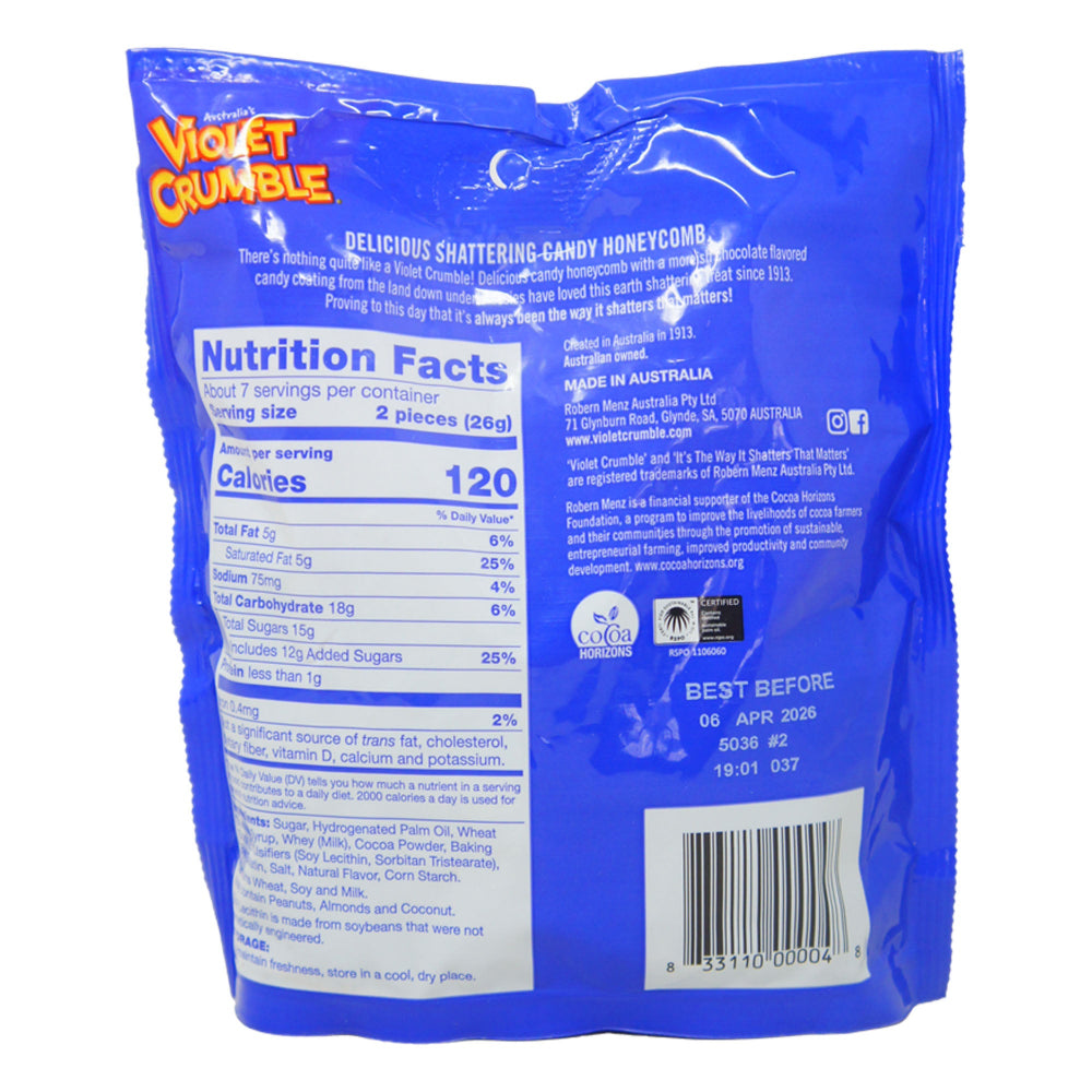 Violet Crumble Candy Honeycomb 6 oz – Crunchy Australian Chocolate Bar Nutrition Facts