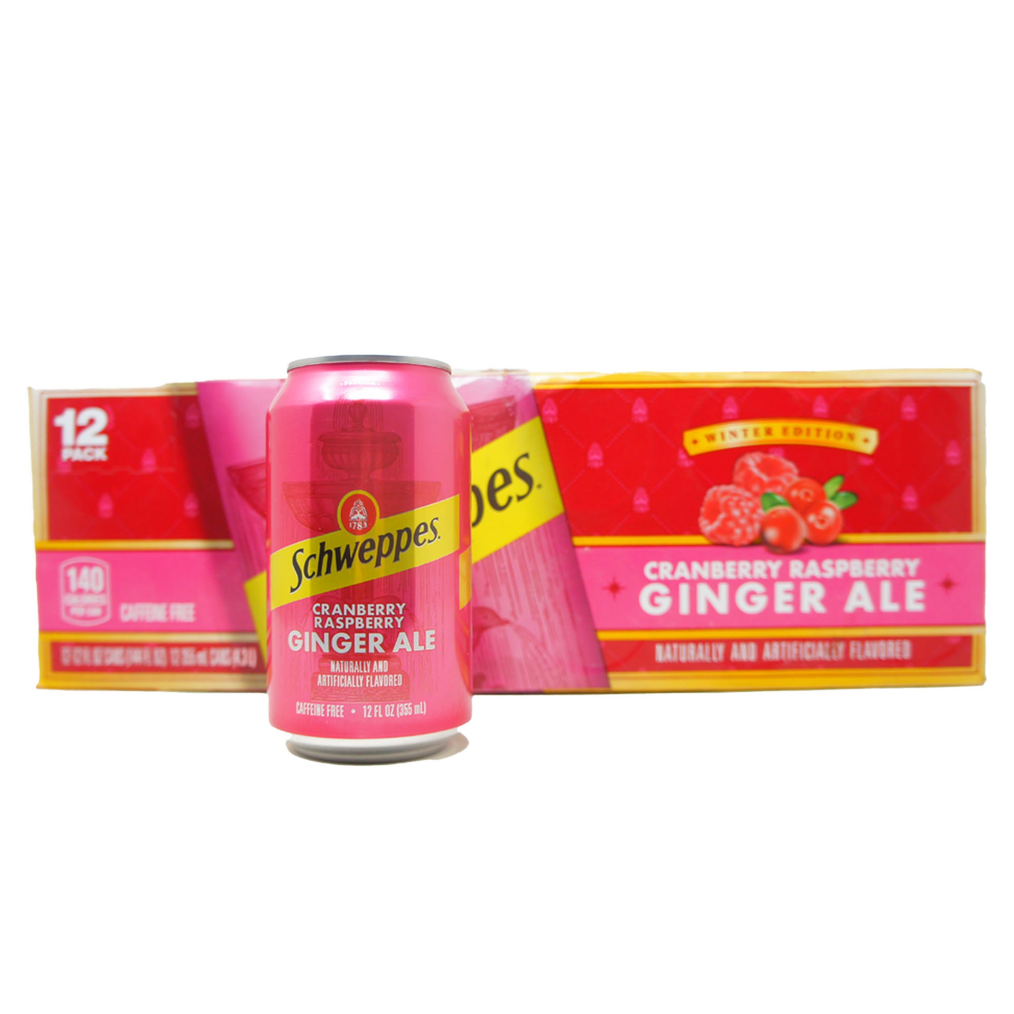 Schweppes Cranberry Raspberry Ginger Ale - Caffeine Free Soda Winter Edition, 12 FL OZ (12 Pack)