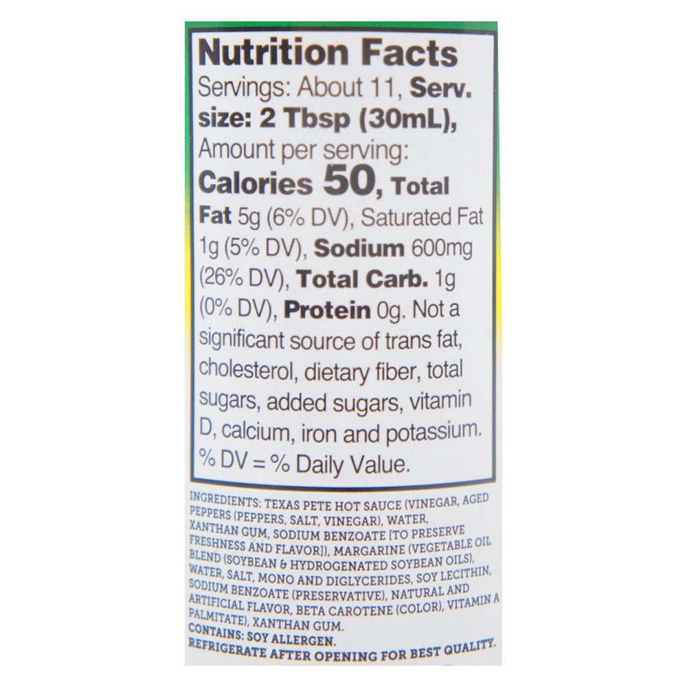 Texas Pete Mild Buffalo Sauce 12 fl oz – Tangy & Flavorful Wing Sauce Nutrition Facts