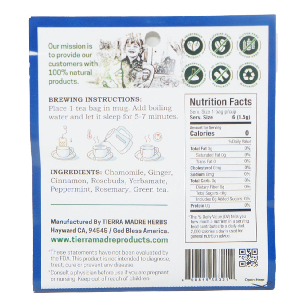 Tierra Madre Cerebro-L Brain Tea Support - Herbal Supplement 6 tea bag Ingredients