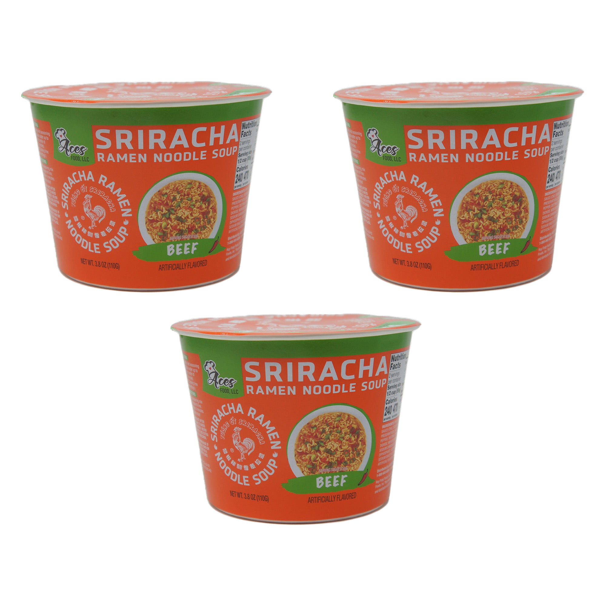 Aces Food Siracha Ramen Noodle Soup, Beef Flavor, 3.8 oz (3 Pack)