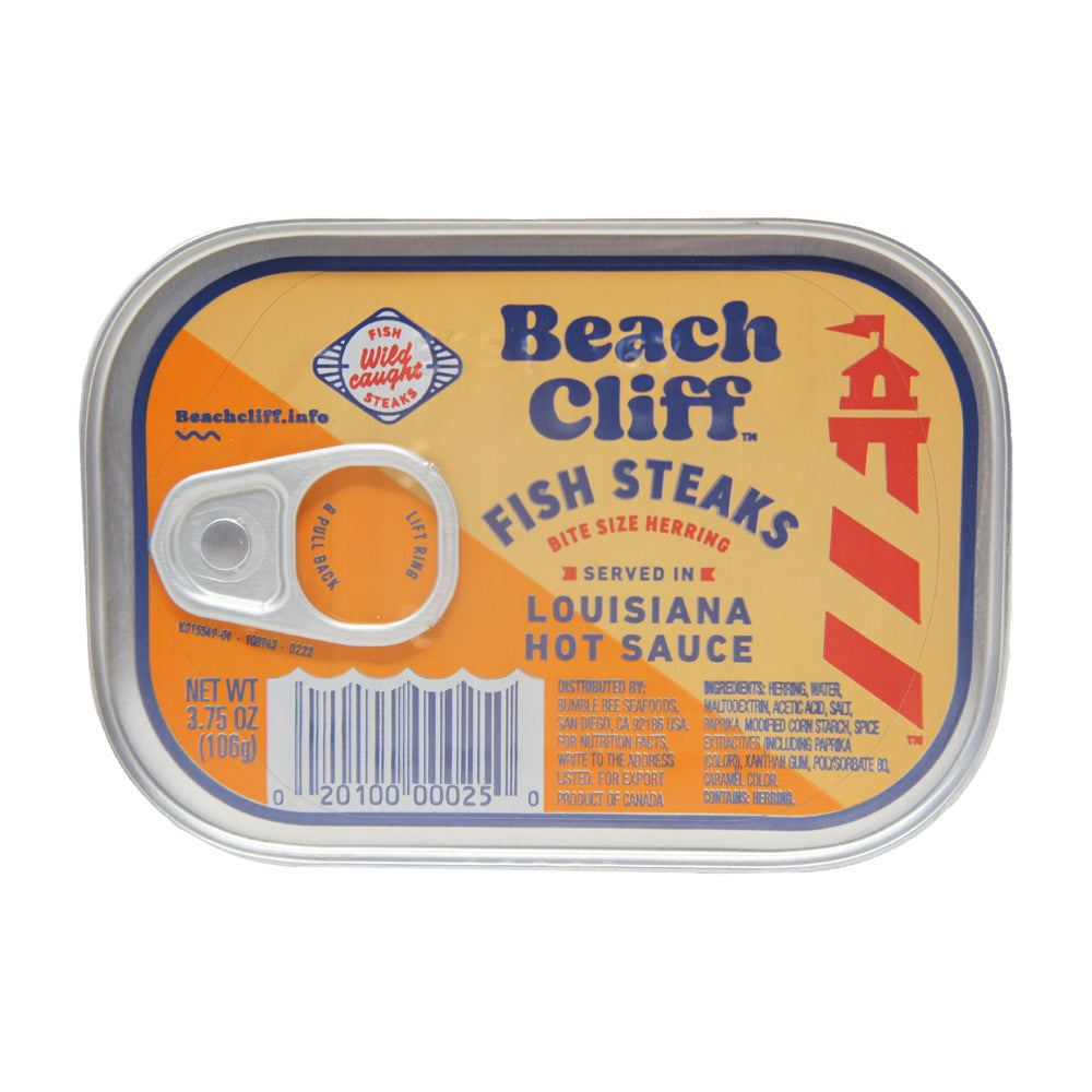Beach Cliff, Fish Steaks Bite Size Herring, Louisiana Hot Sauce, 3.75 oz Can