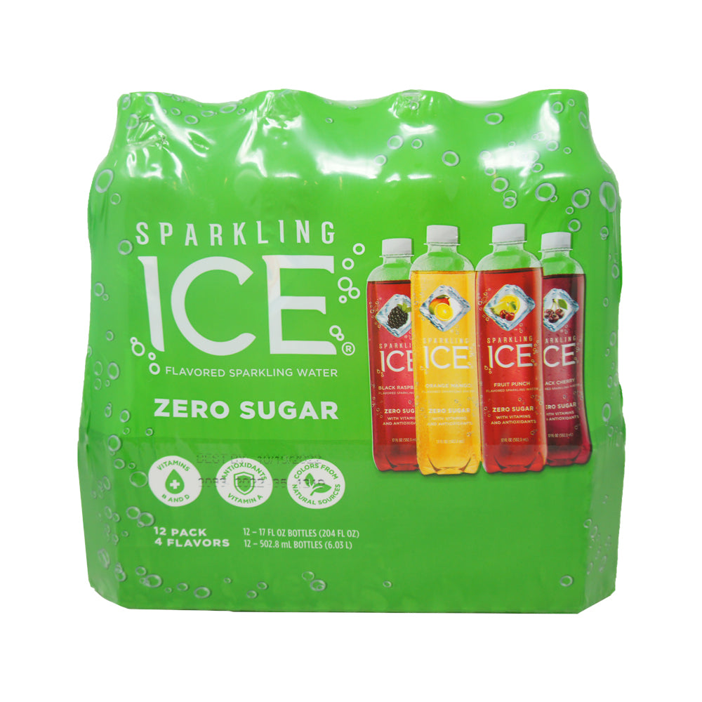 Sparkling ICE, Flavored Sparkling Water, Black Raspberry, Orange Mango, Fruit Punch, Black Cherry, Zero Sugar 17oz (12 Pack)