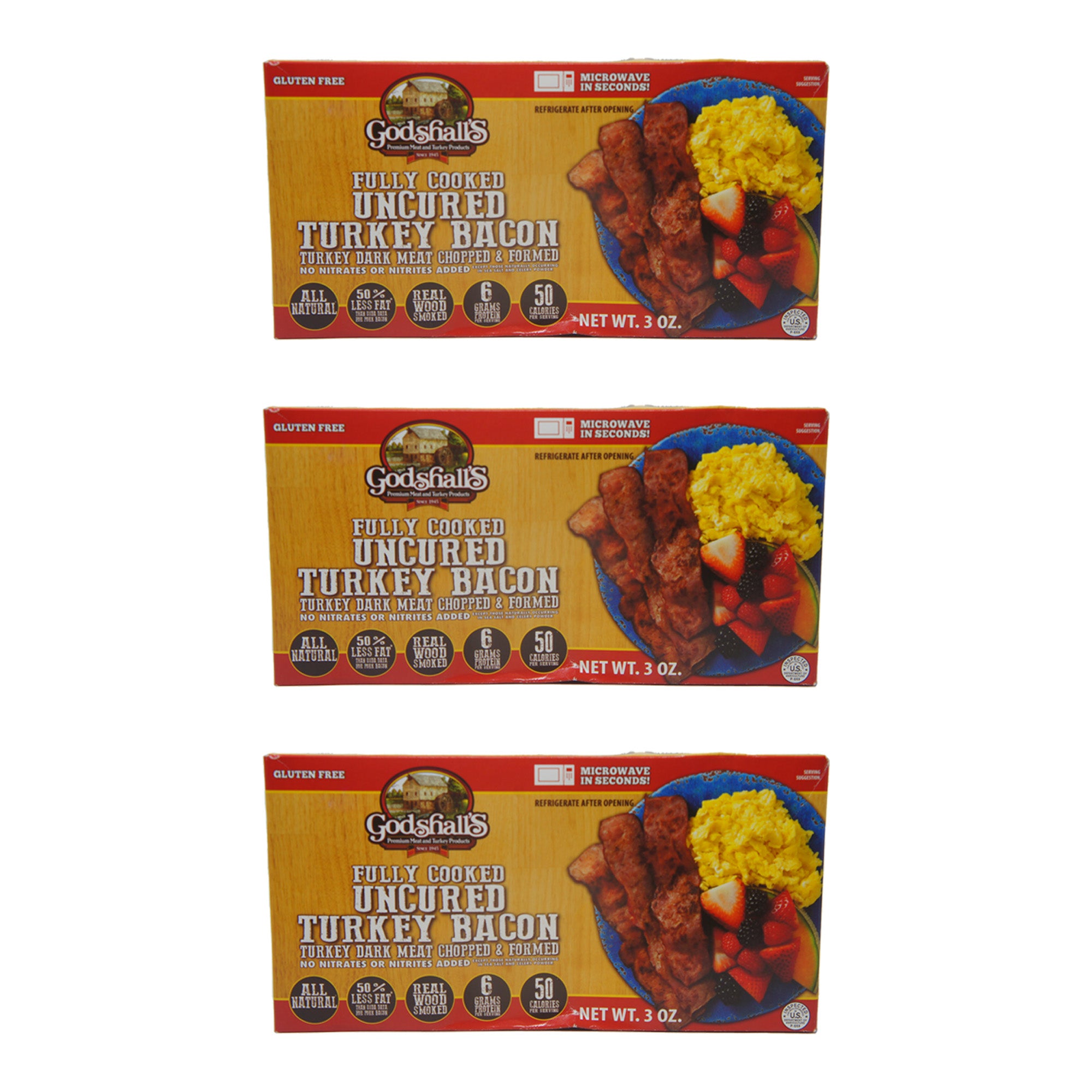 Godshall's Fully Cooked Uncured Turkey Bacon, 3 oz Turkey Bacon Pack (3 Pack)