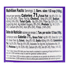 Nutrition facts label with detailed information on calories, nutrients, and serving size.