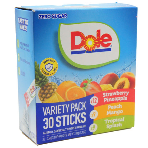 Dole Variety Pack, Zero Sugar 30 Sticks, Powdered Drink Mix, Strawberry Pineapple, Peach Mango, Tropical Splash