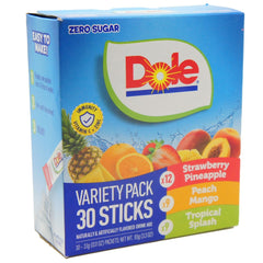 Dole Variety Pack, Zero Sugar 30 Sticks, Powdered Drink Mix, Strawberry Pineapple, Peach Mango, Tropical Splash