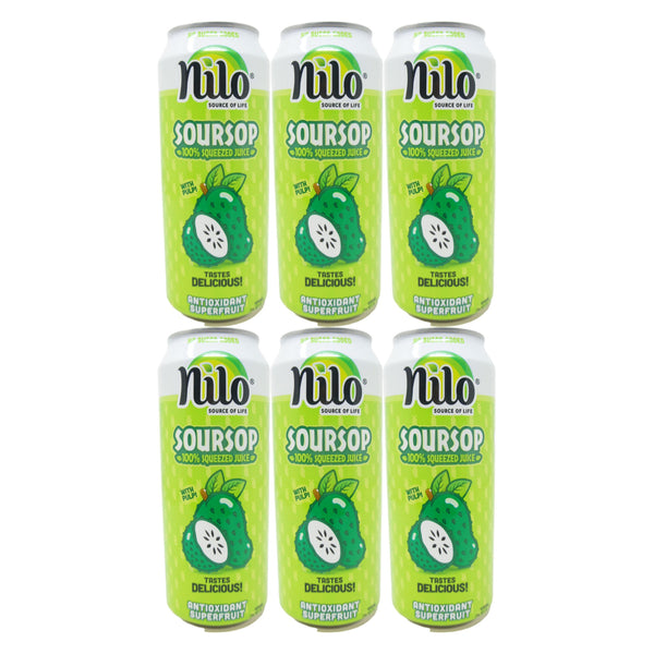Six cans of Nilo Soursop juice on a white background