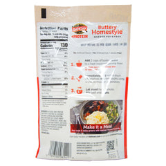 Package of Idahoan Buttery Homestyle Mashed Potatoes with nutritional information and preparation instructions.