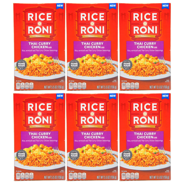 Six packages of Rice-A-Roni Thai Curry Chicken flavor on a white background