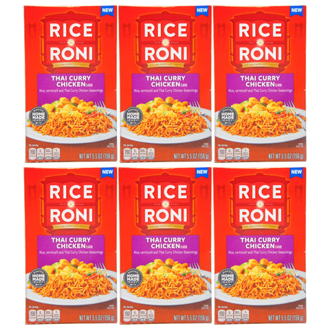 Six packages of Rice-A-Roni Thai Curry Chicken flavor on a white background