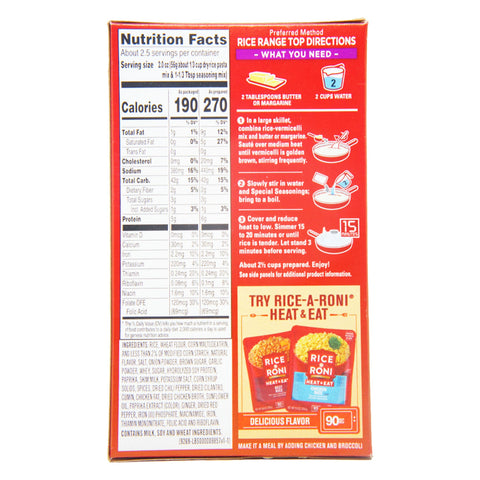 Rice-A-Roni packaging with nutrition facts and cooking instructions 