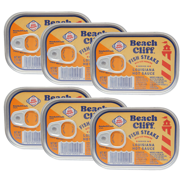 Beach Cliff, Fish Steaks Bite Size Herring, Louisiana Hot Sauce, 3.75 oz Can (6 pack)