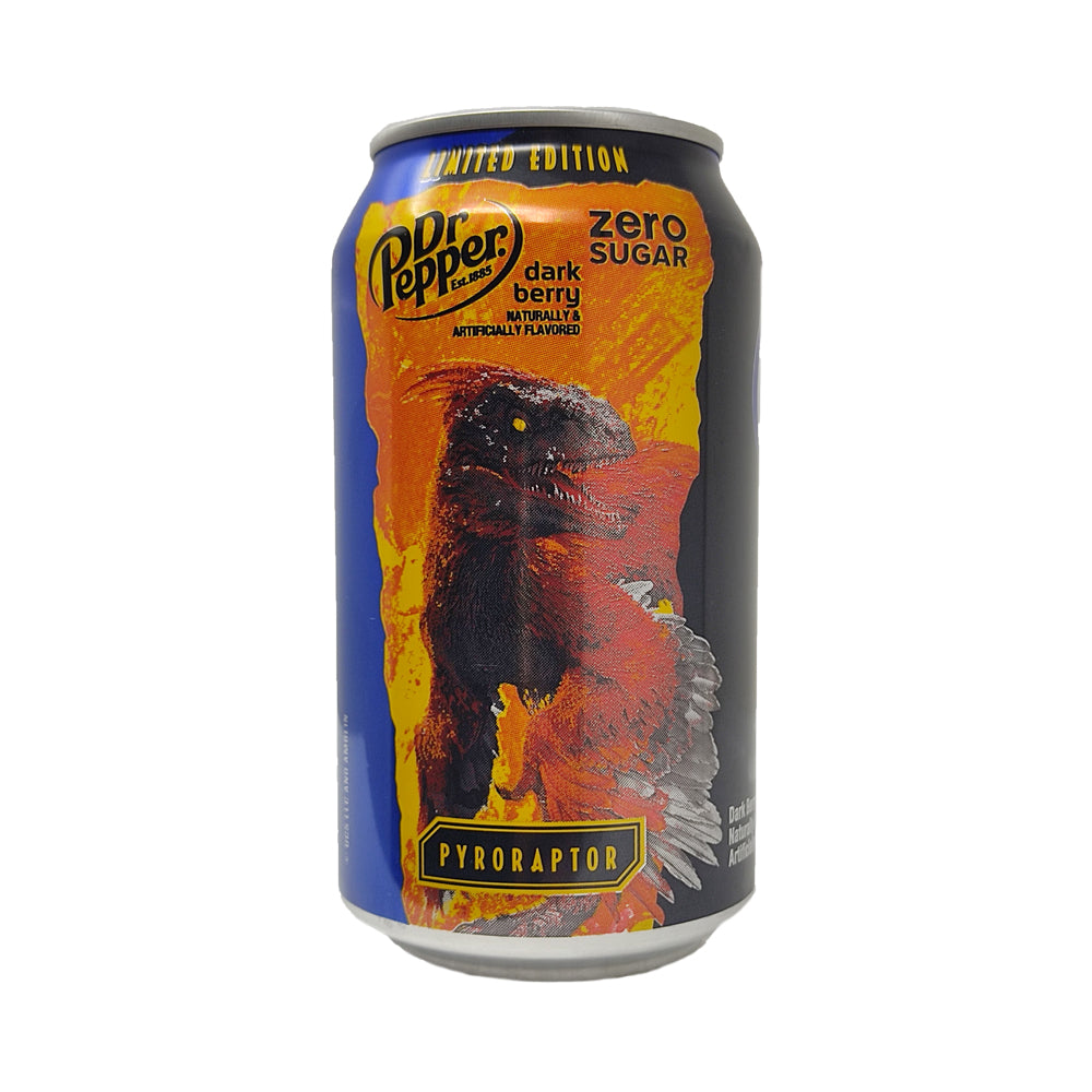 Dr Pepper, Jurassic World Limited Edition, Dark Berry Flavored, pyroraptor 12 oz Can