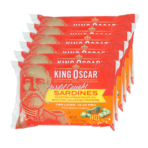 King Oscar, Wild Caught, Sardines In Extra Virgin Olive Oil With Hot Jalapeño Peppers, 3.75 oz (6 pack)