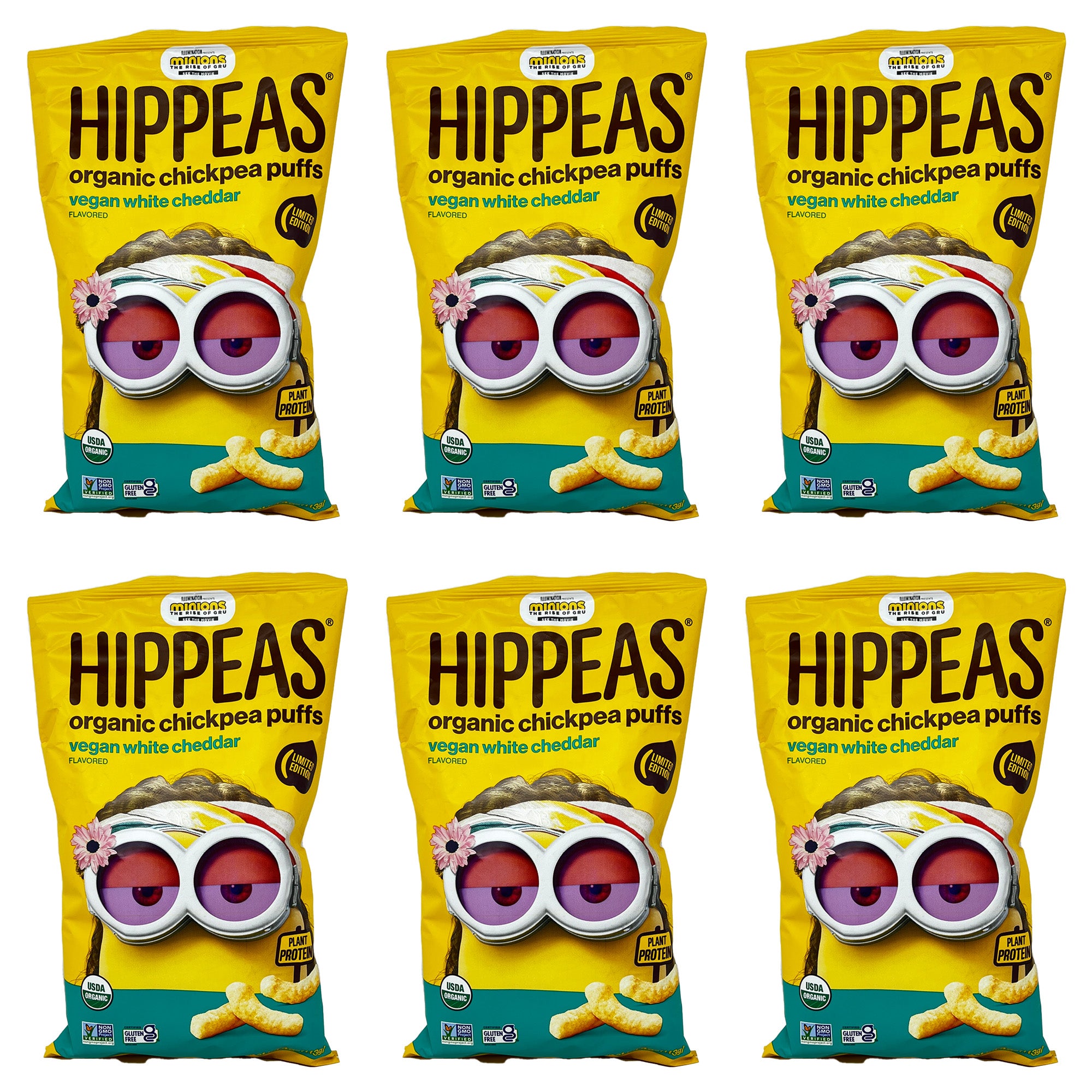 Hippeas Organic Chickpea Puffs, Limited Edition Minions: Rise of Gru, Vegan White Cheddar Flavored (6 Pack)